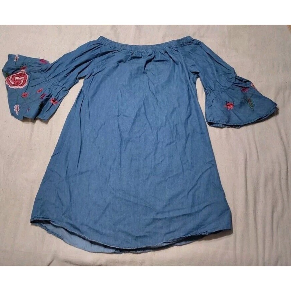 Floral Embroidered Denim Off Shoulder Bell Sleeve Dress Casual Boho‎ Sz Large II